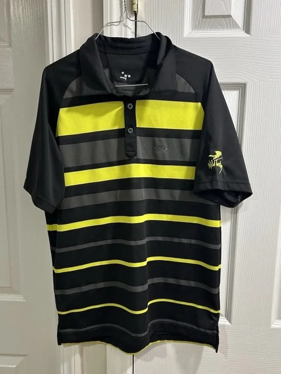 Oakley Polo Shirt Men M Black Yellow Striped Golf - Picture 2 of 6